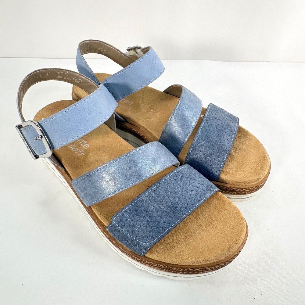 Remonte Soft Sandals Blue Metallic Textured Platform Buckle Women Size 37